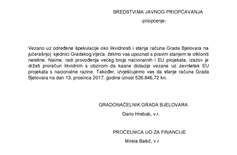 Bjelovar - grad-bjelovar.com - JAVNO PRIOPĆENJE