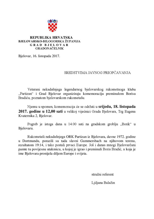 Bjelovar - grad-bjelovar.com, - KOMEMORACIJA BORISU BRADIĆU